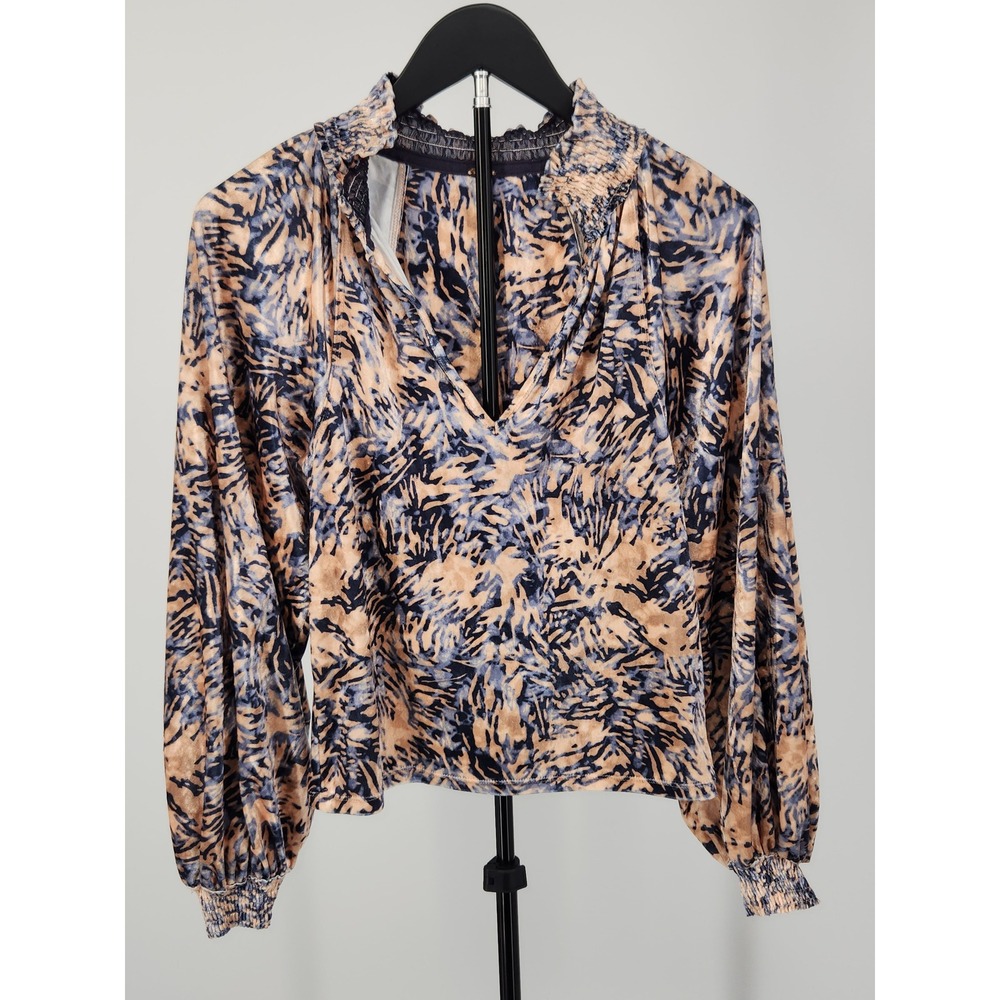 Free People Velvet Smocked V-Neck Balloon Sleeve Blouse Blue Tan XS
